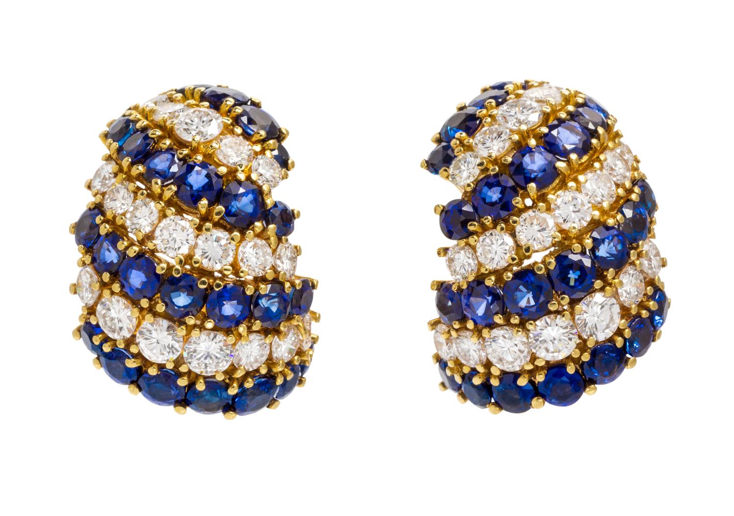 A Pair of 18 Karat Yellow Gold, Diamond and Sapphire Bombe Earclips, Elan, 19.30 dwts.