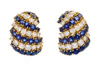A Pair of 18 Karat Yellow Gold, Diamond and Sapphire Bombe Earclips, Elan, 19.30 dwts.