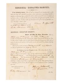 [SLAVERY & ABOLITION]. Partially printed merchant's affidavit swearing not to sell liquor to free or enslaved persons of color, Decatur County, GA, 13 April 1852.