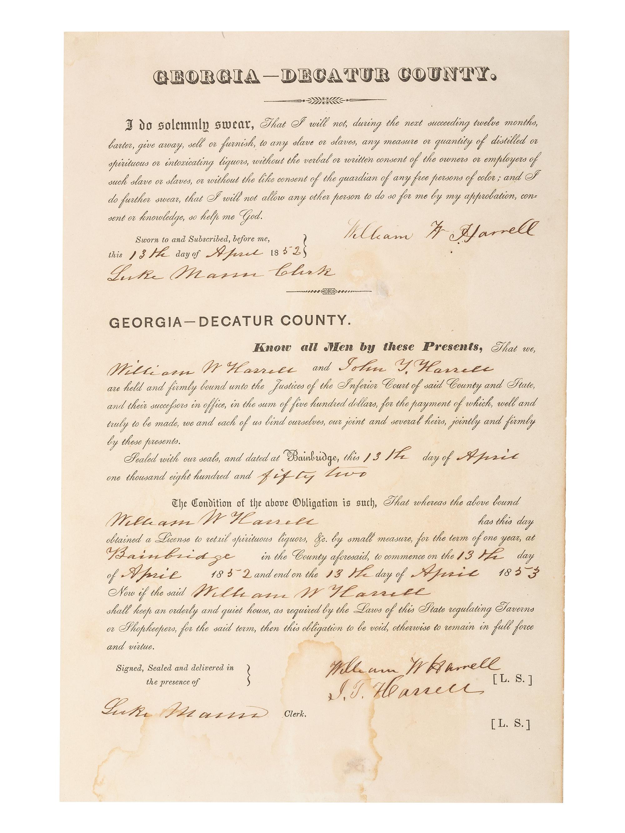 [SLAVERY & ABOLITION]. Partially printed merchant's affidavit swearing not to sell liquor to free or enslaved persons of color, Decatur County, GA, 13 April 1852.