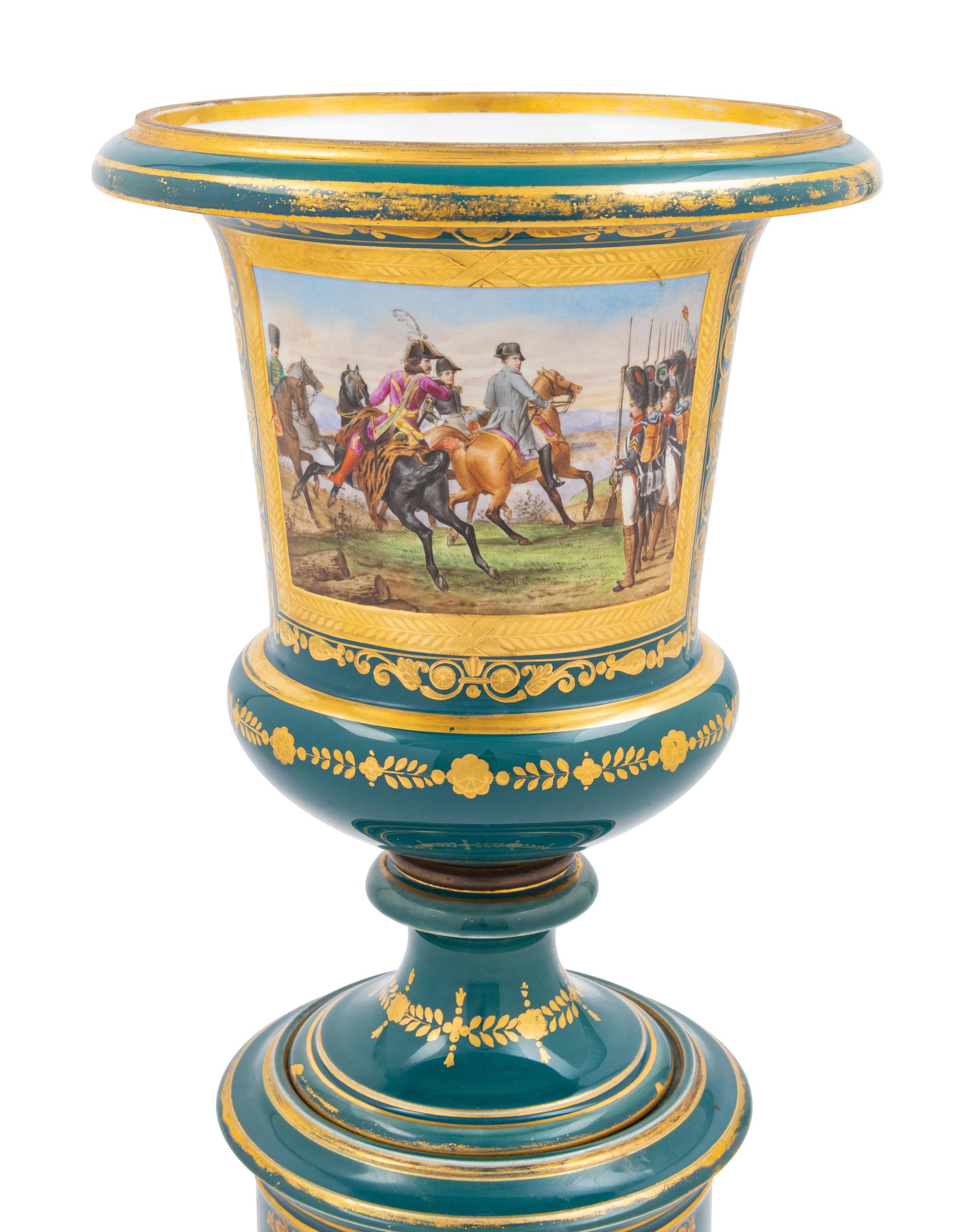 A Sèvres Style Porcelain Napoleonic Vase and Stand