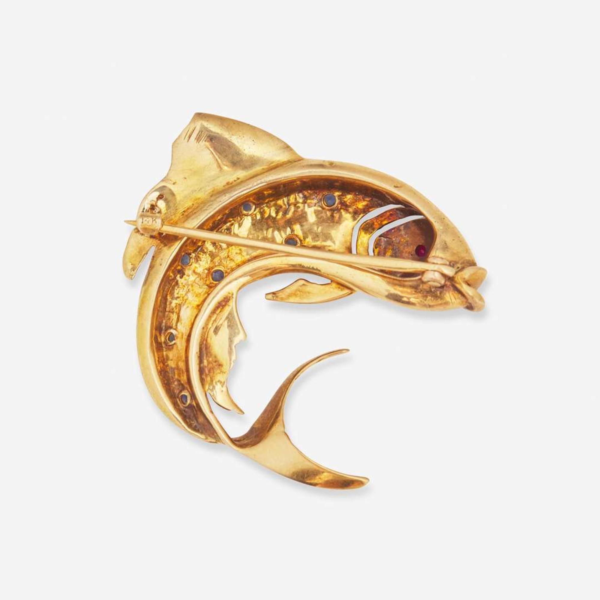 A 14K Yellow Gold and Gemstone Brooch and 14K Yellow Gold Chain
