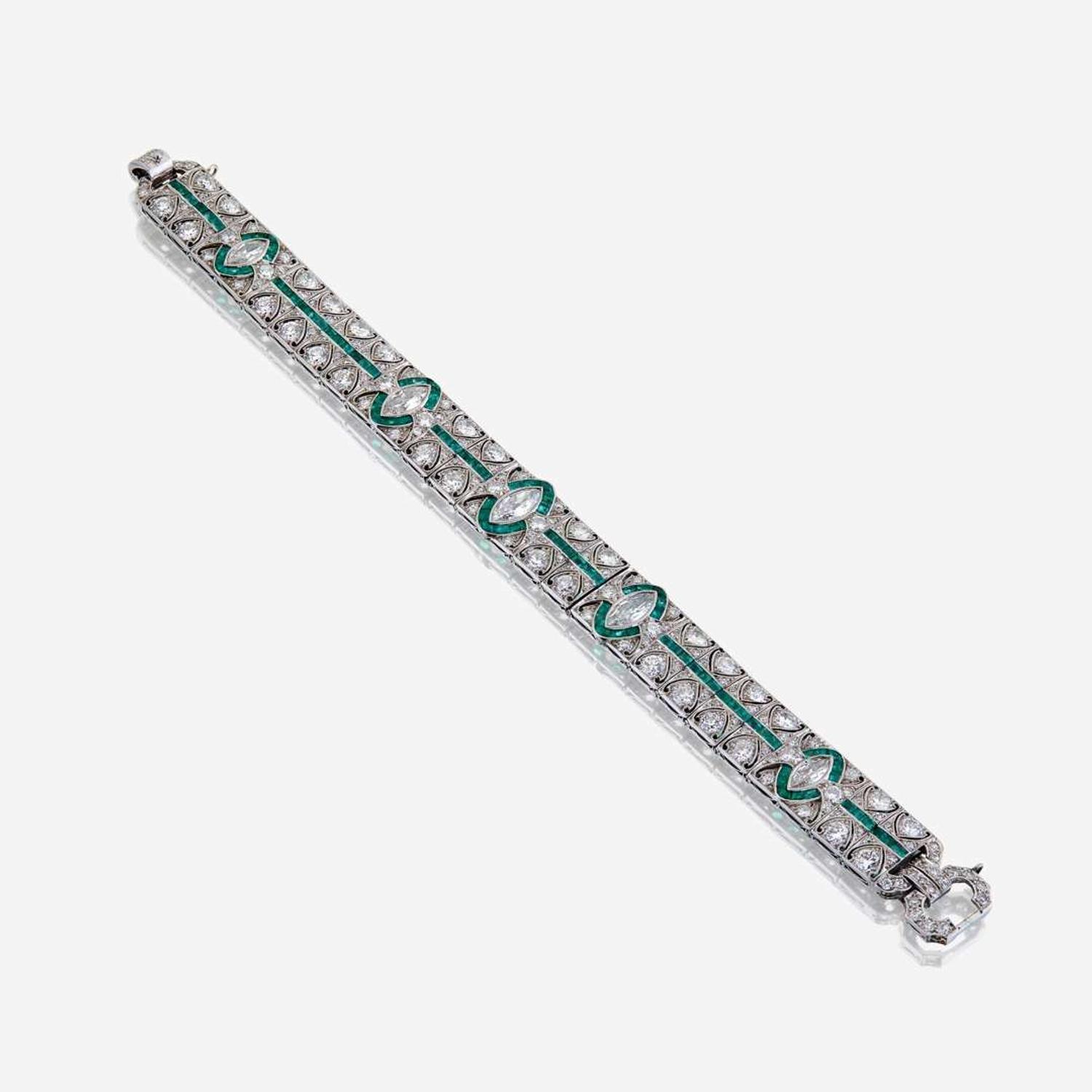 An Art Deco diamond, emerald, and platinum bracelet