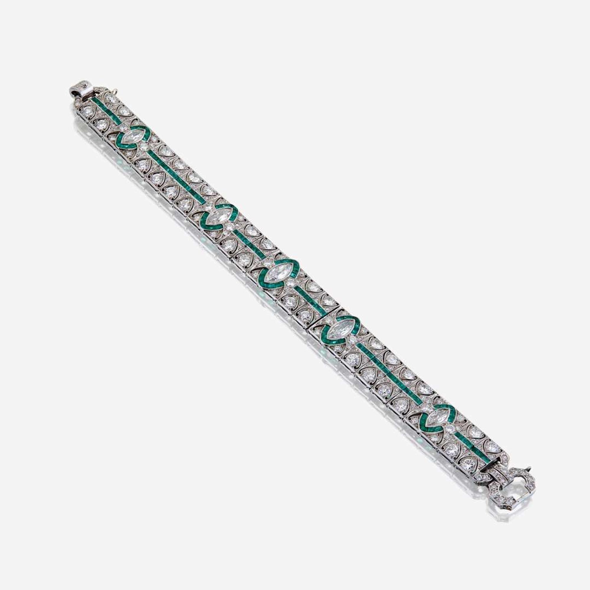 An Art Deco diamond, emerald, and platinum bracelet