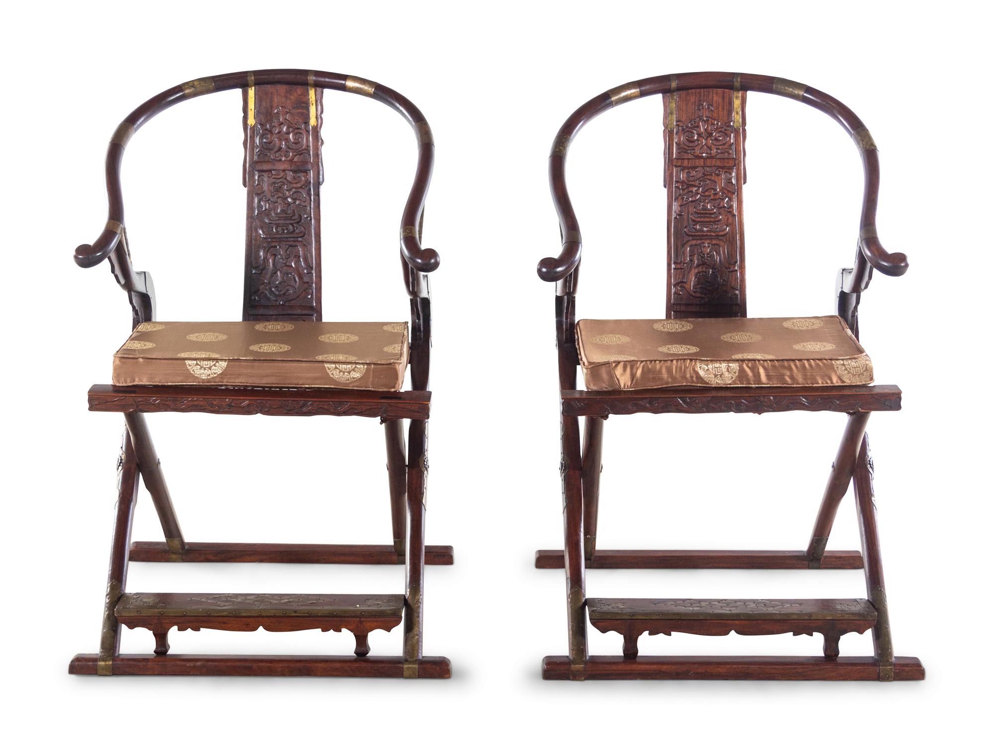 A Pair of Chinese Hardwood Horseshoe-Back Folding Chairs, Jiaoyi