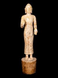 A Chinese Carved Stone Standing Draped Guanyin Figure with Remnants of Gilt on Surface