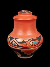 Redware Lidded Jar, with Turquoise Cabochons