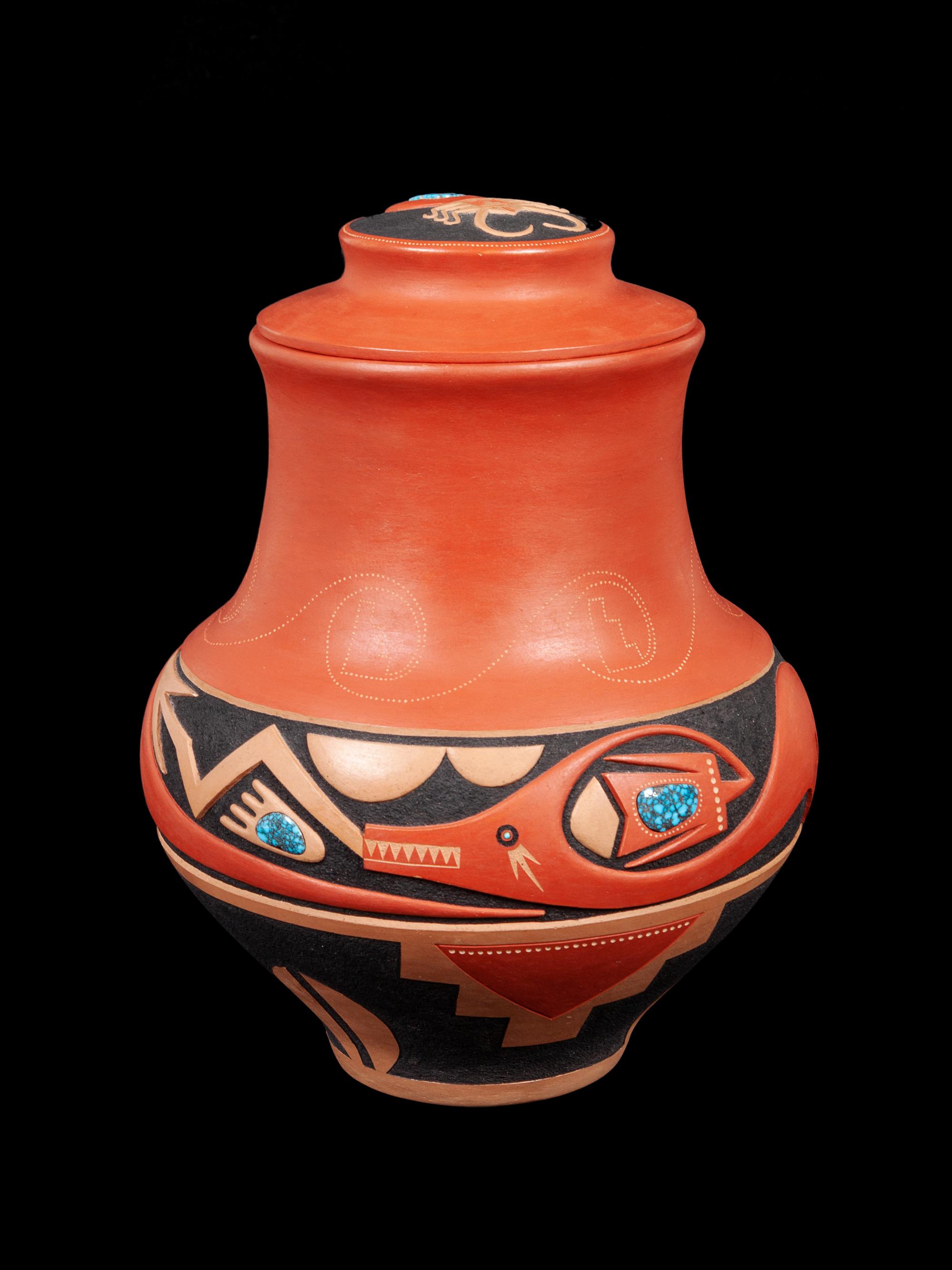 Redware Lidded Jar, with Turquoise Cabochons