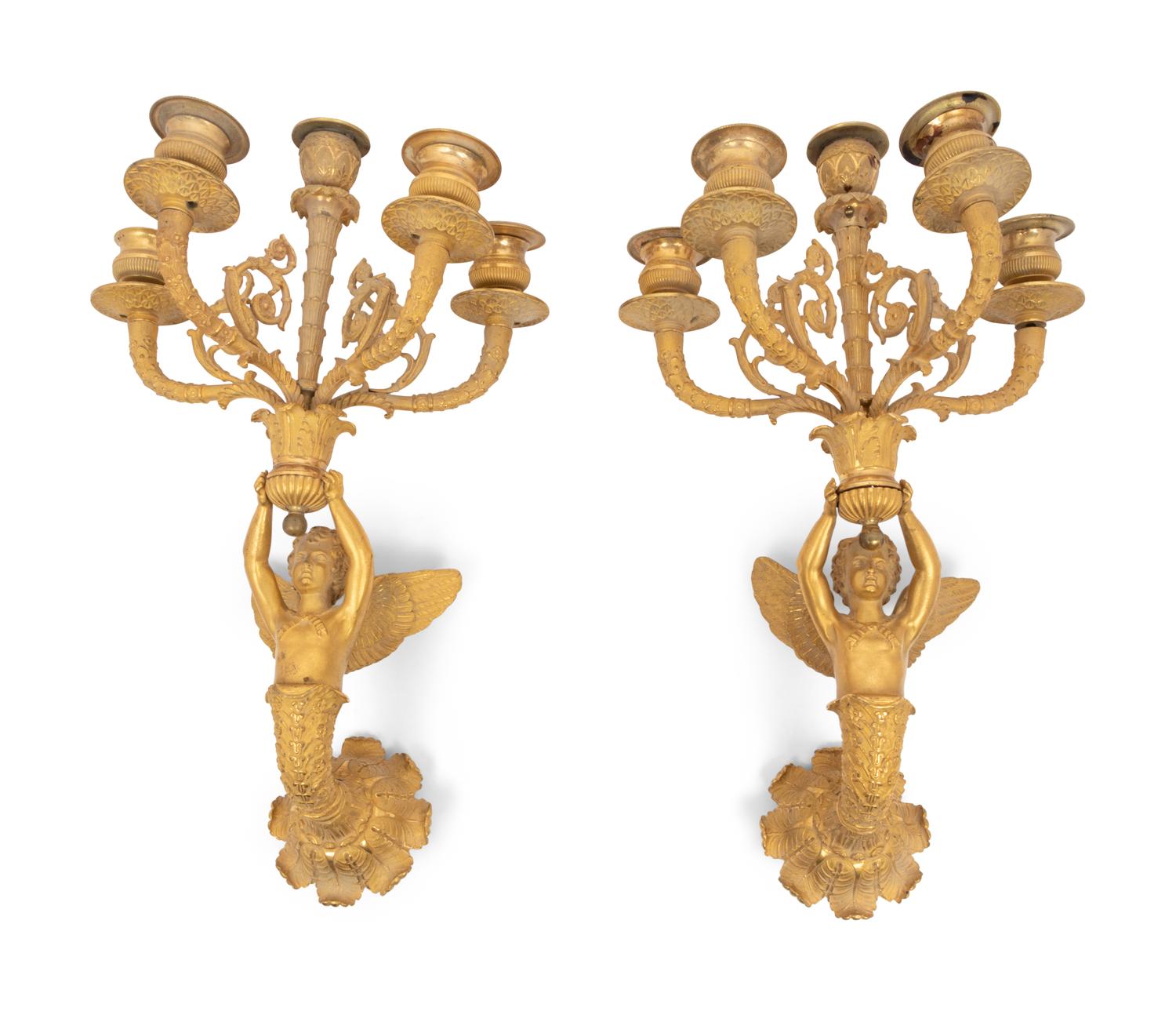A Pair of Empire Gilt Bronze Five-Light Wall Lights