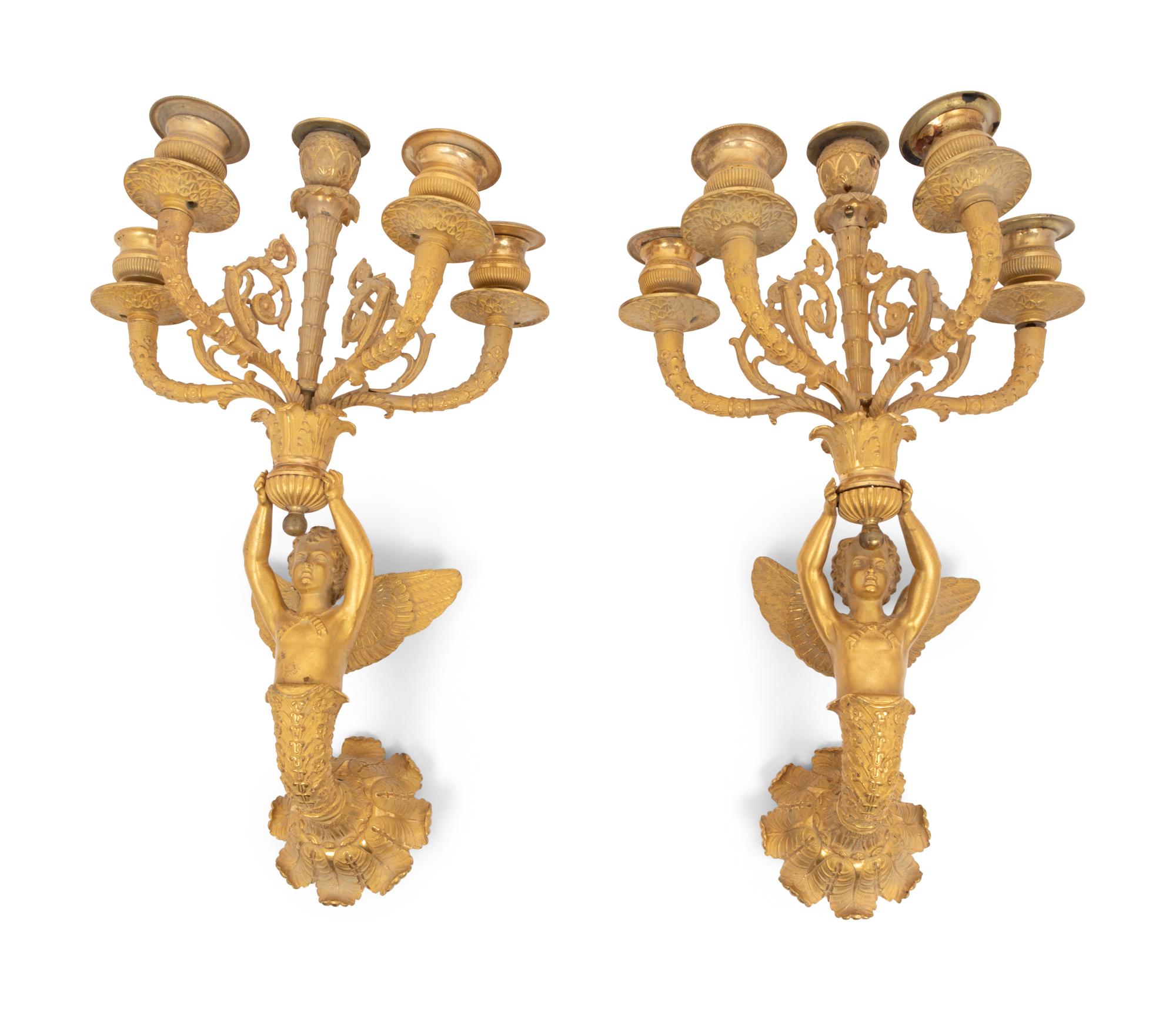 A Pair of Empire Gilt Bronze Five-Light Wall Lights