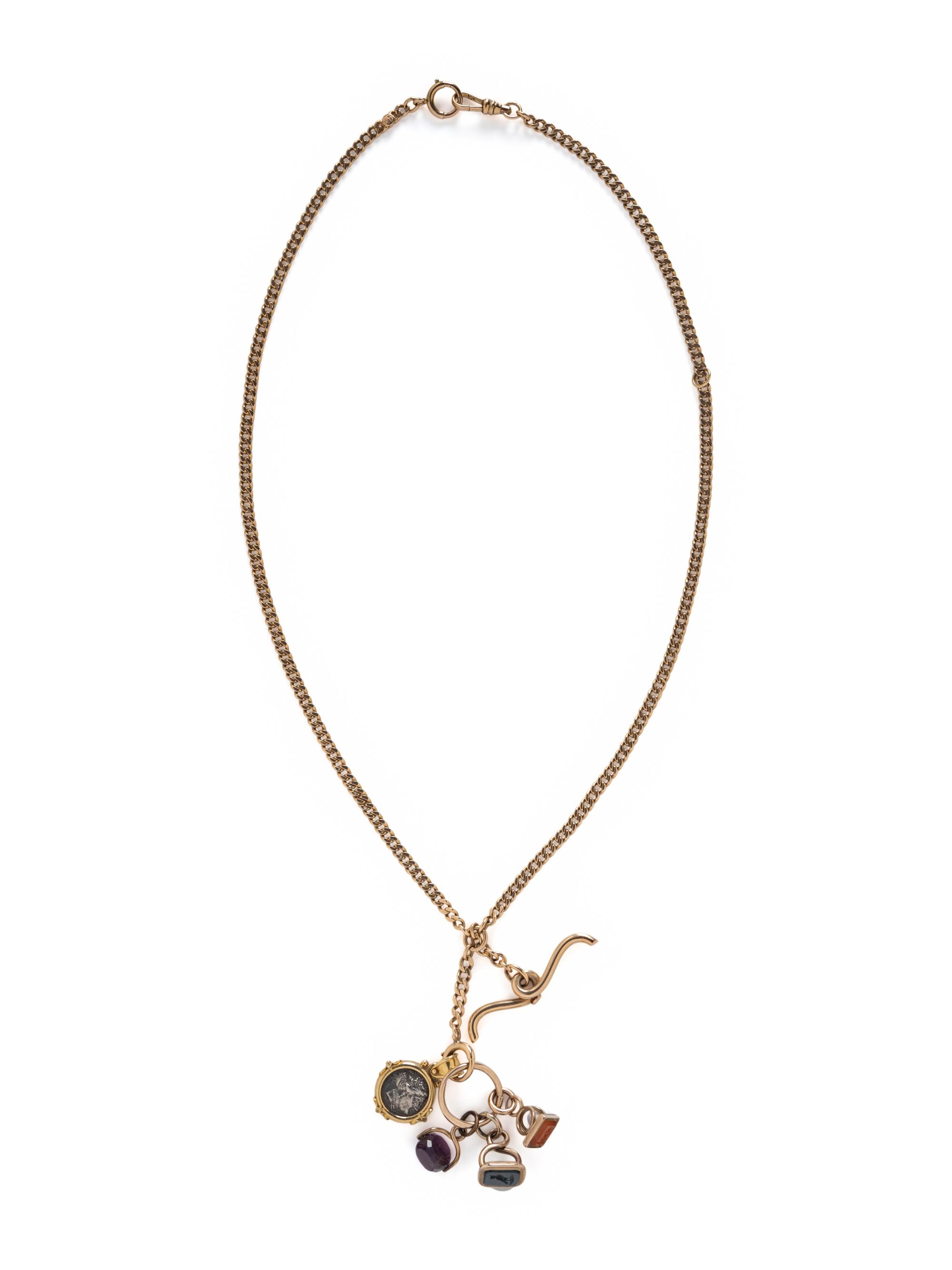 YELLOW GOLD POCKET WATCH CHAIN AND CHARMS