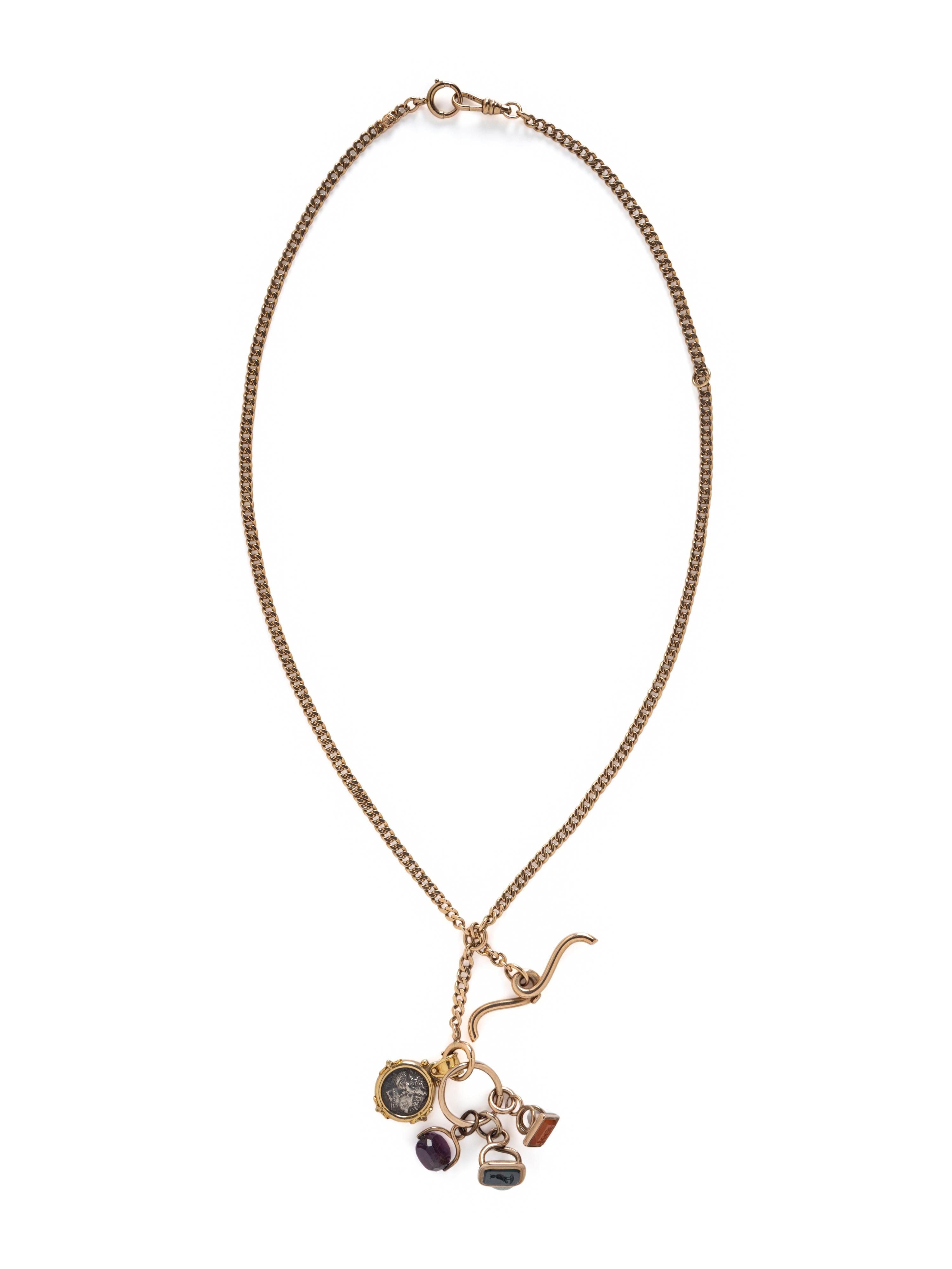 YELLOW GOLD POCKET WATCH CHAIN AND CHARMS