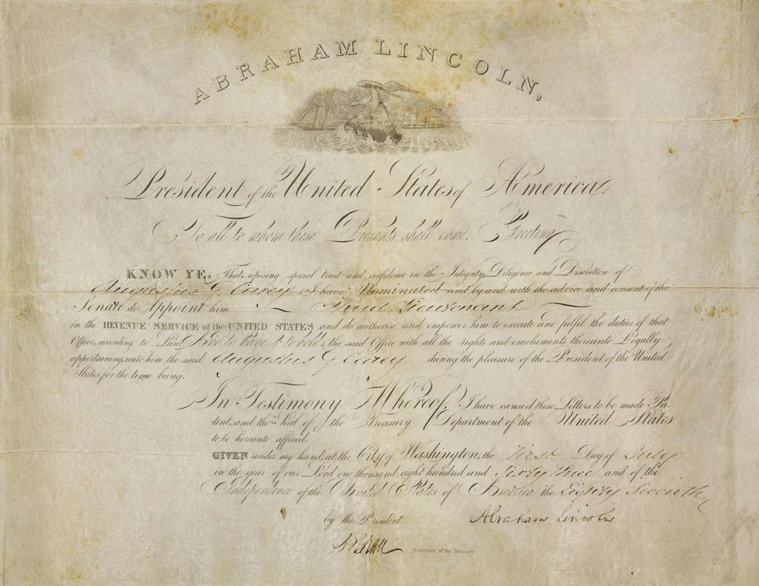 [Presidential] Lincoln, Abraham: Signed Revenue Service Commission