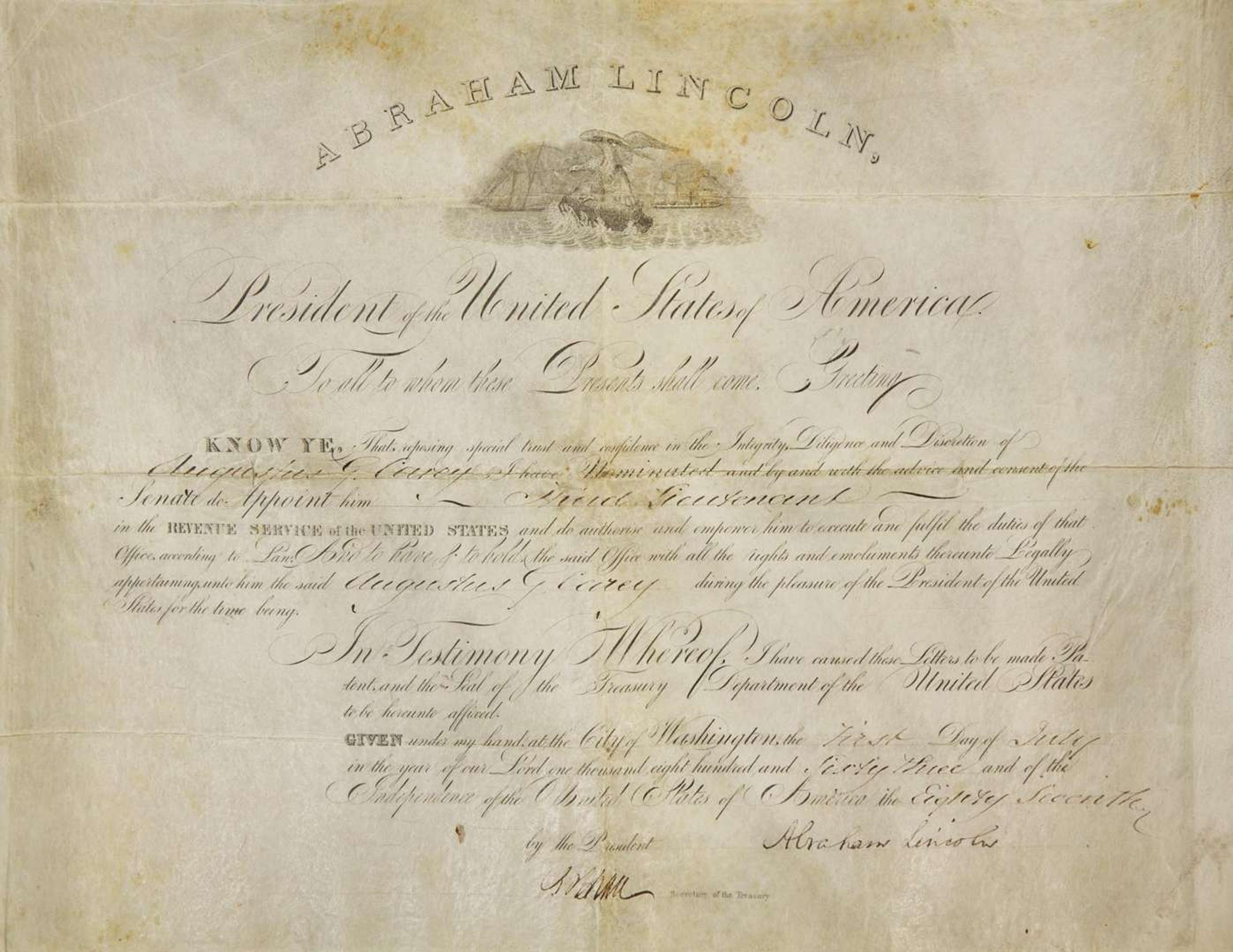 [Presidential] Lincoln, Abraham: Signed Revenue Service Commission