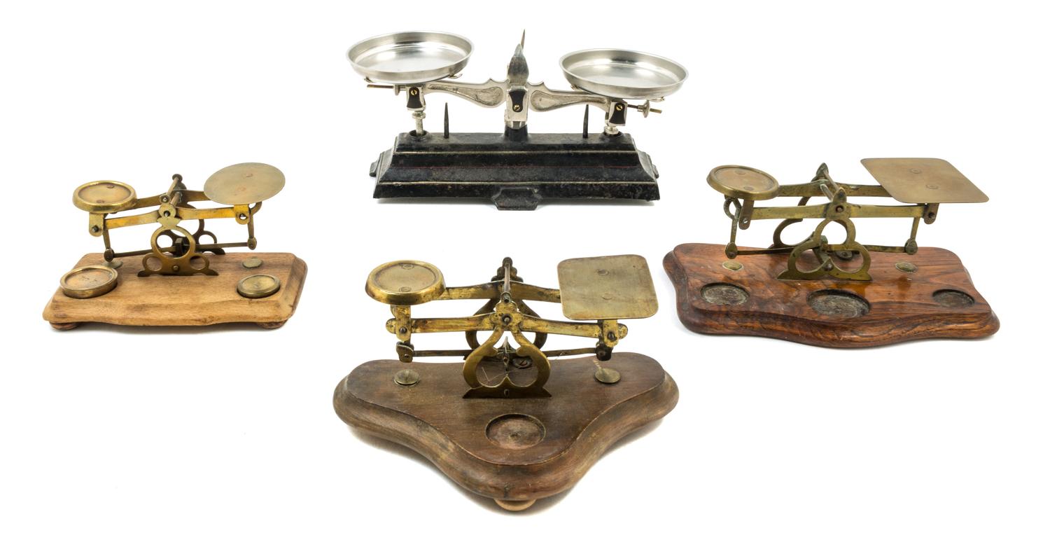 A Group of Three Brass Postal Scales Width of widest 8 inches.