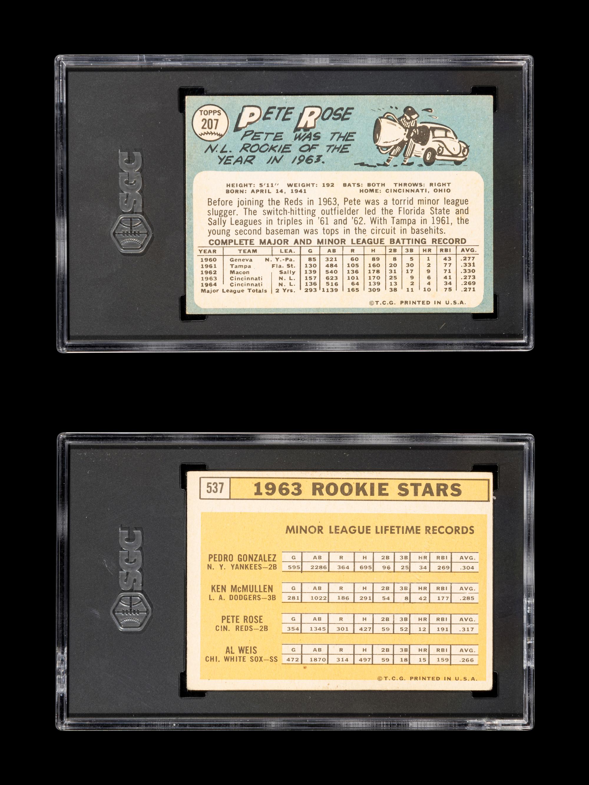 A 1963 Topps Pete Rose Rookie Baseball Card No. 537 (SGC 3 VG) and 1965 Topps Card No. 207 (SGC 4.5 VG-EX+)