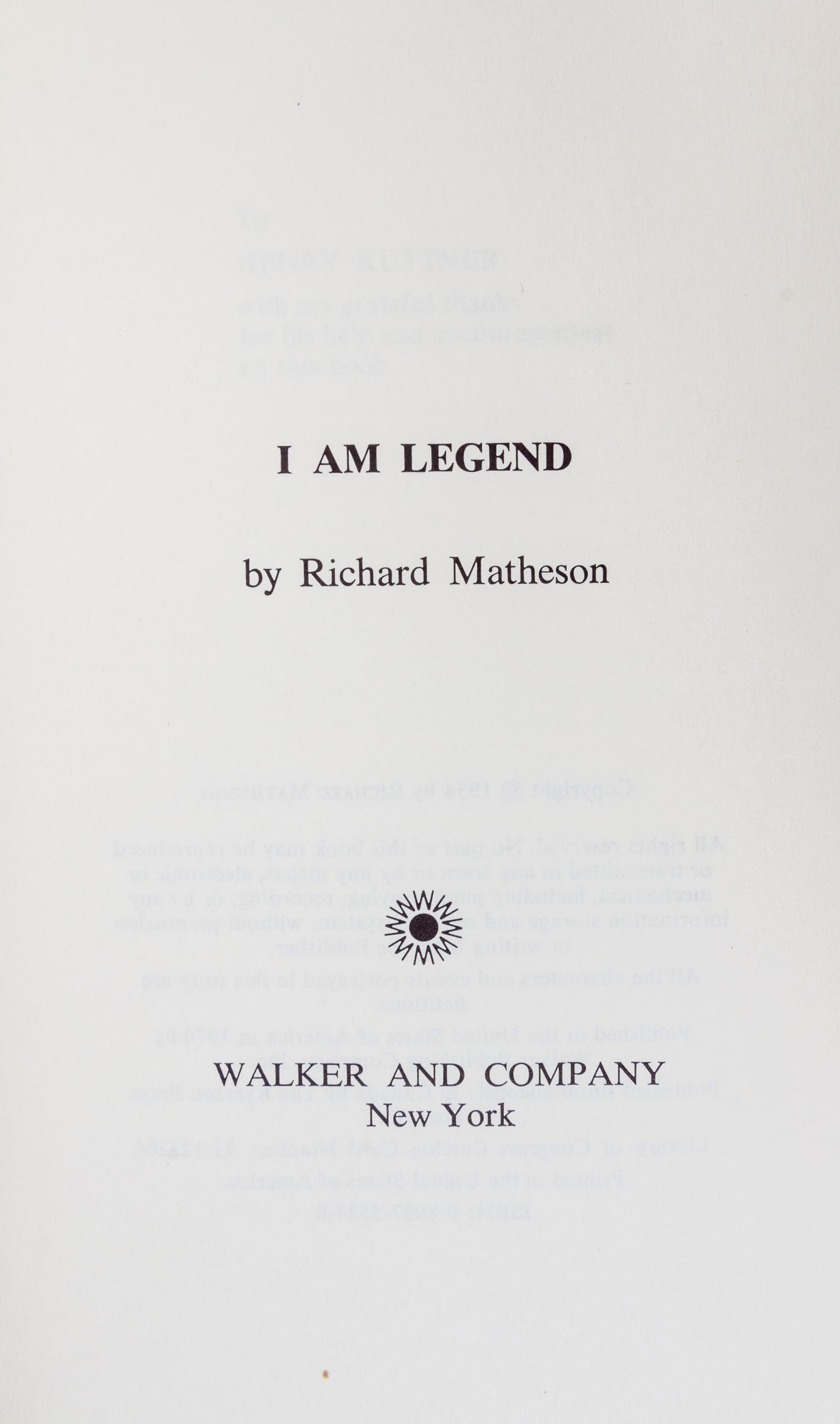 MATHESON, RICHARD. I Am Legend. New York, 1970. First hardcover edition.