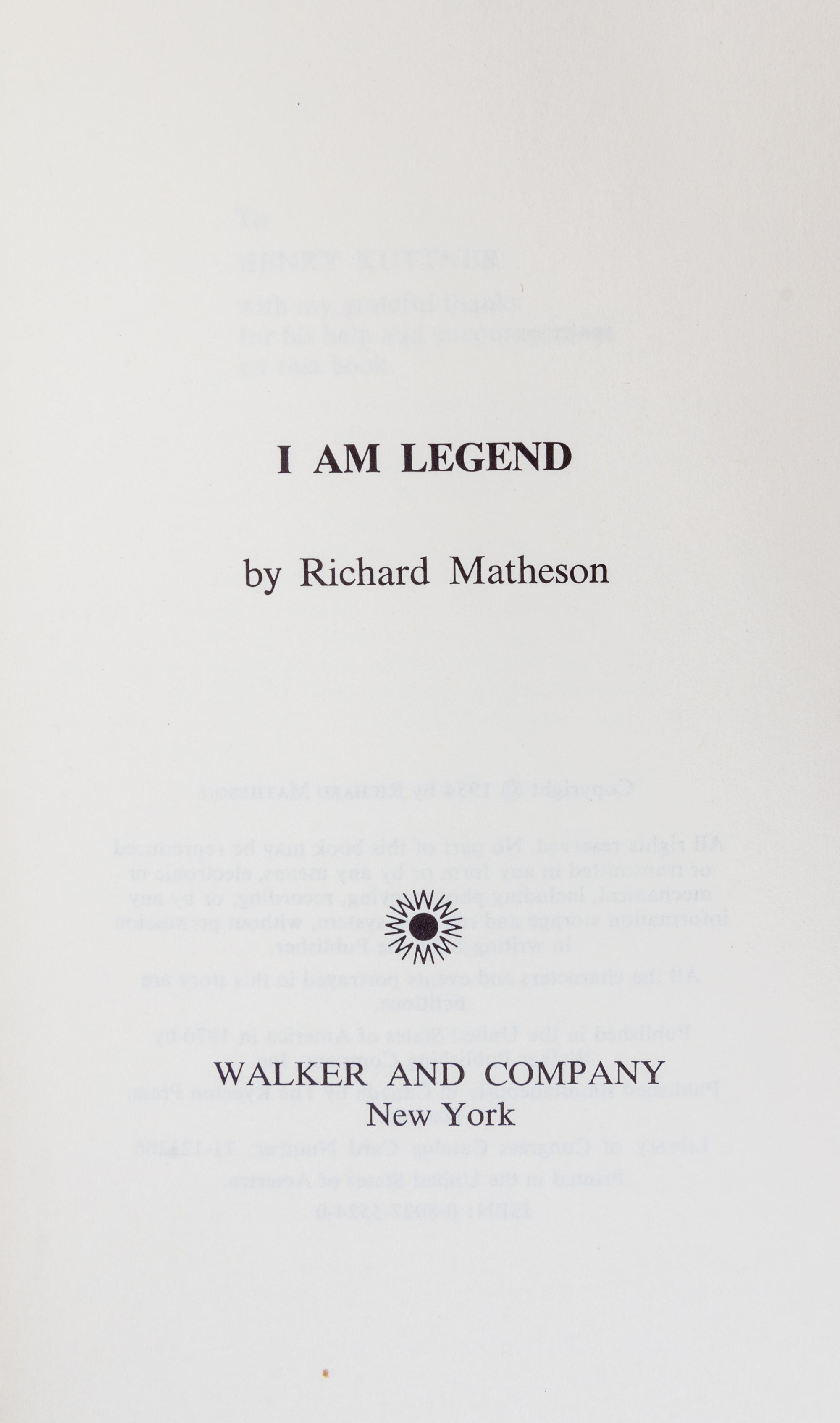 MATHESON, RICHARD. I Am Legend. New York, 1970. First hardcover edition.