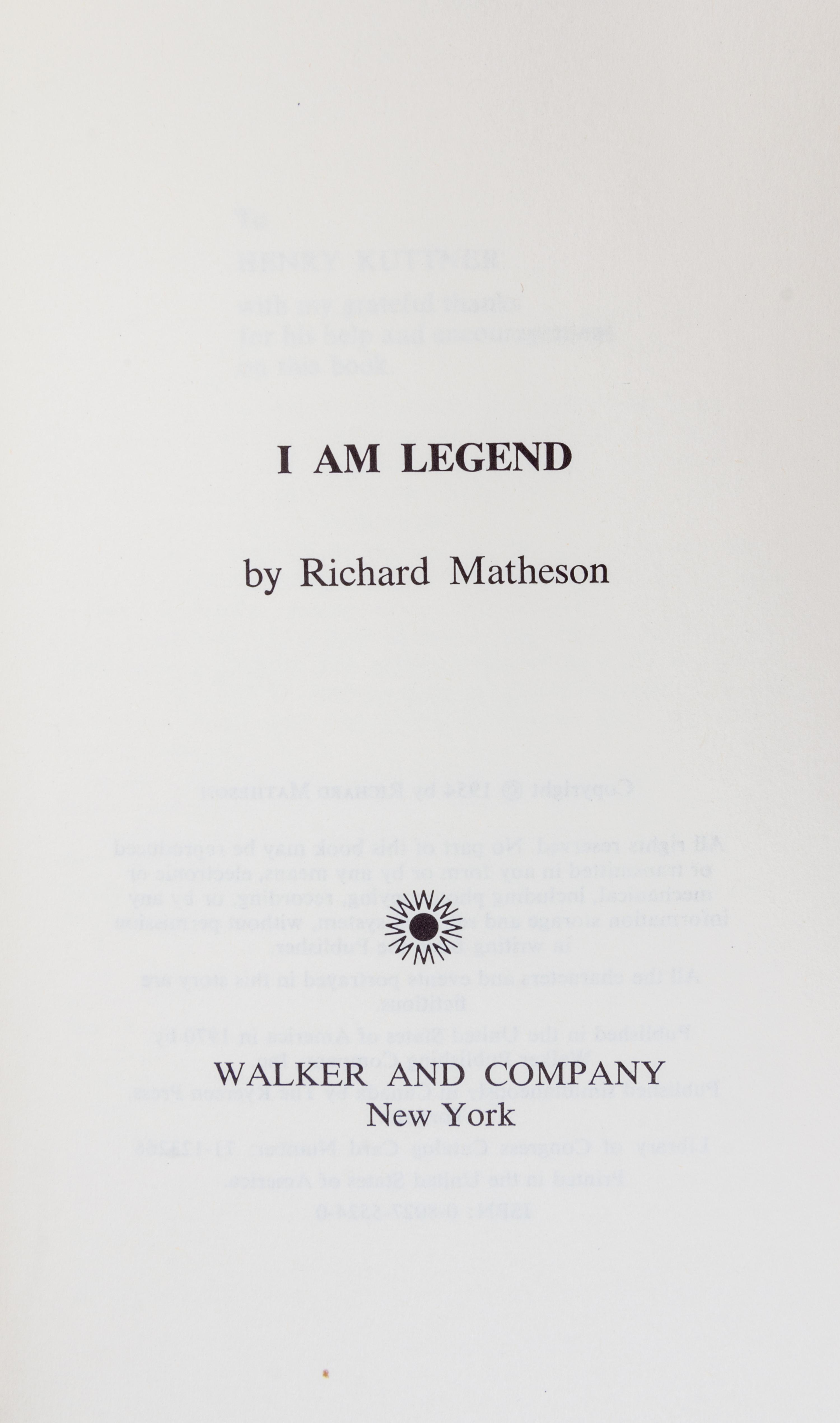 MATHESON, RICHARD. I Am Legend. New York, 1970. First hardcover edition.