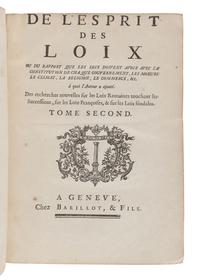 MONTESQUIEU, Charles de Secondat (1689-1755). De l'Esprit des Loix. Geneva: Barillot, [but Paris: Prault, c.1748].