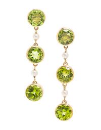 A Pair of Yellow Gold, Peridot and Cultured Pearl Earrings, 5.00 dwts.