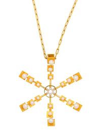 HELGA & BENT EXNER, MODERNIST, YELLOW GOLD AND CULTURED PEARL PENDANT/NECKLACE
