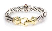 A Sterling Silver, 14 Karat Yellow Gold, Green Onyx and Garnet 'Buckle' Bracelet, David Yurman, 35.70 dwts.