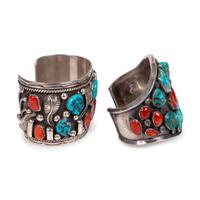 Pair of Navajo Silver, Turquoise, and Coral Cuff Bracelets