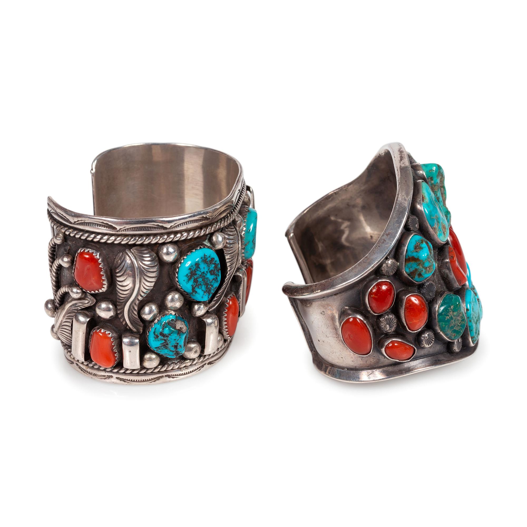 Pair of Navajo Silver, Turquoise, and Coral Cuff Bracelets