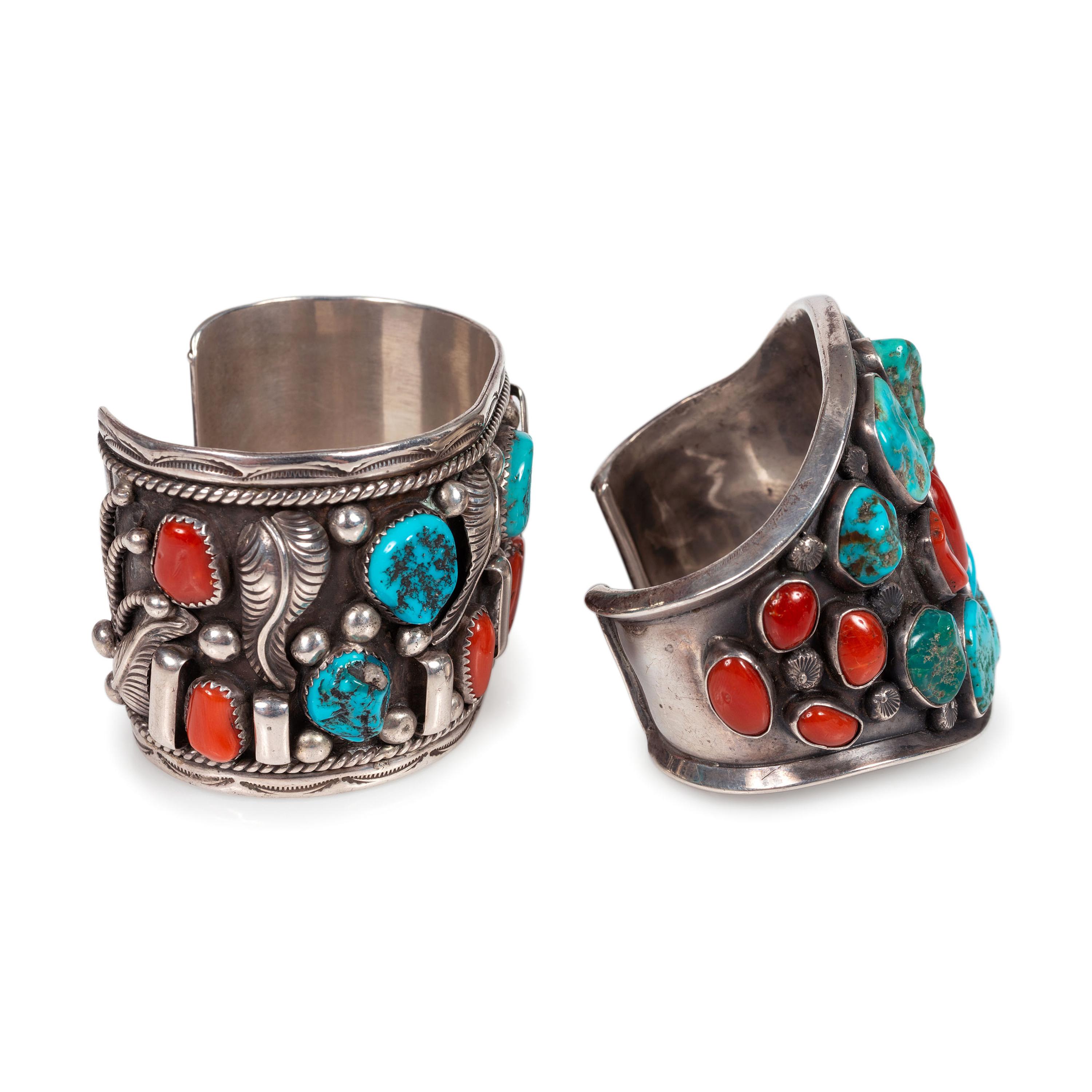Pair of Navajo Silver, Turquoise, and Coral Cuff Bracelets