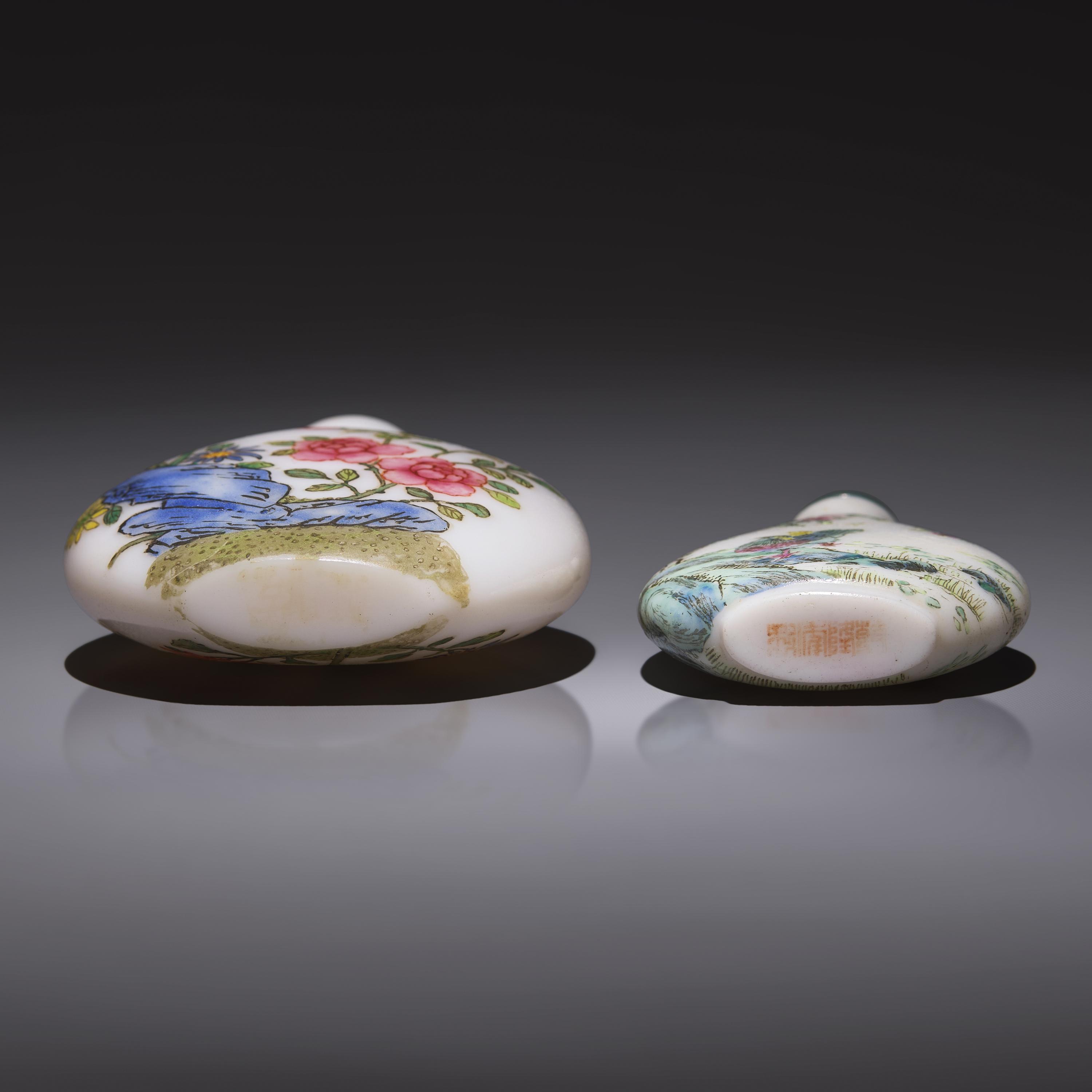 Two Chinese Enameled Glass Snuff Bottles, Circa 1780-1850 and Probably 20th Century — 清中晚期及更晚 白料胎畫琺瑯鼻煙壺兩支