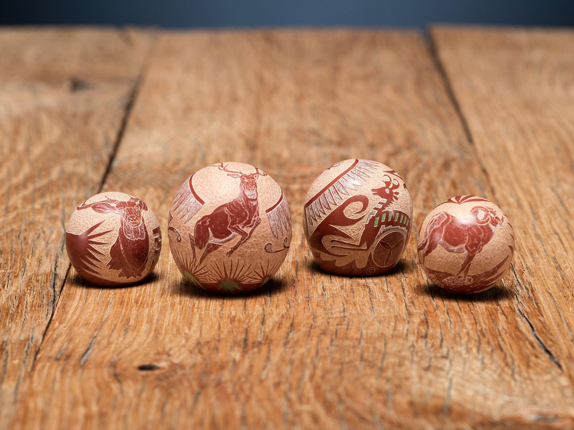 Miniature Sgraffito Seed Jars, with Pronghorn, Big Horn Sheep, and Elk