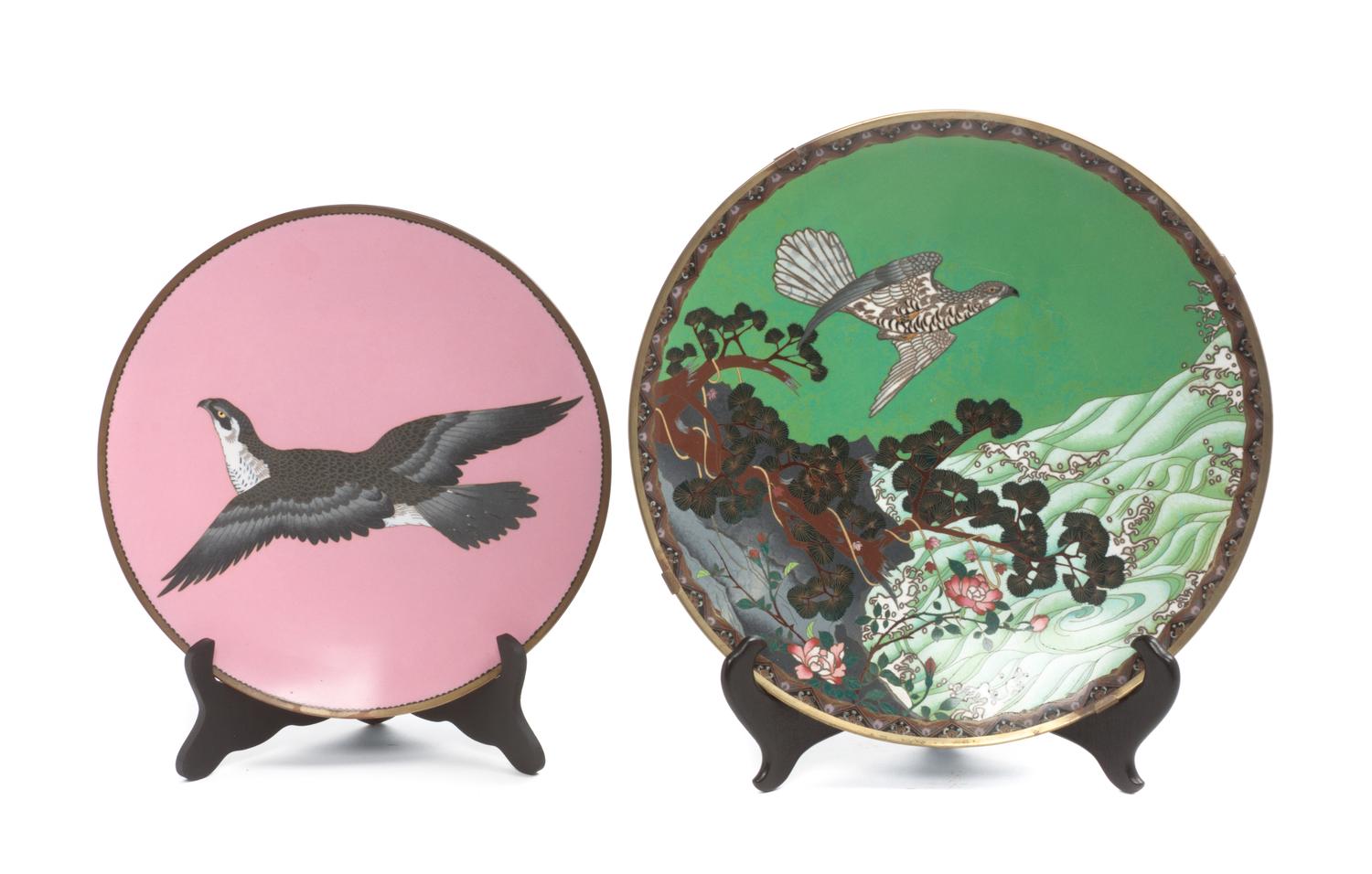 Two Japanese Cloisonne Enamel Chargers Diameter of larger 14 1/2 inches.