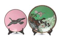 Two Japanese Cloisonne Enamel Chargers Diameter of larger 14 1/2 inches.