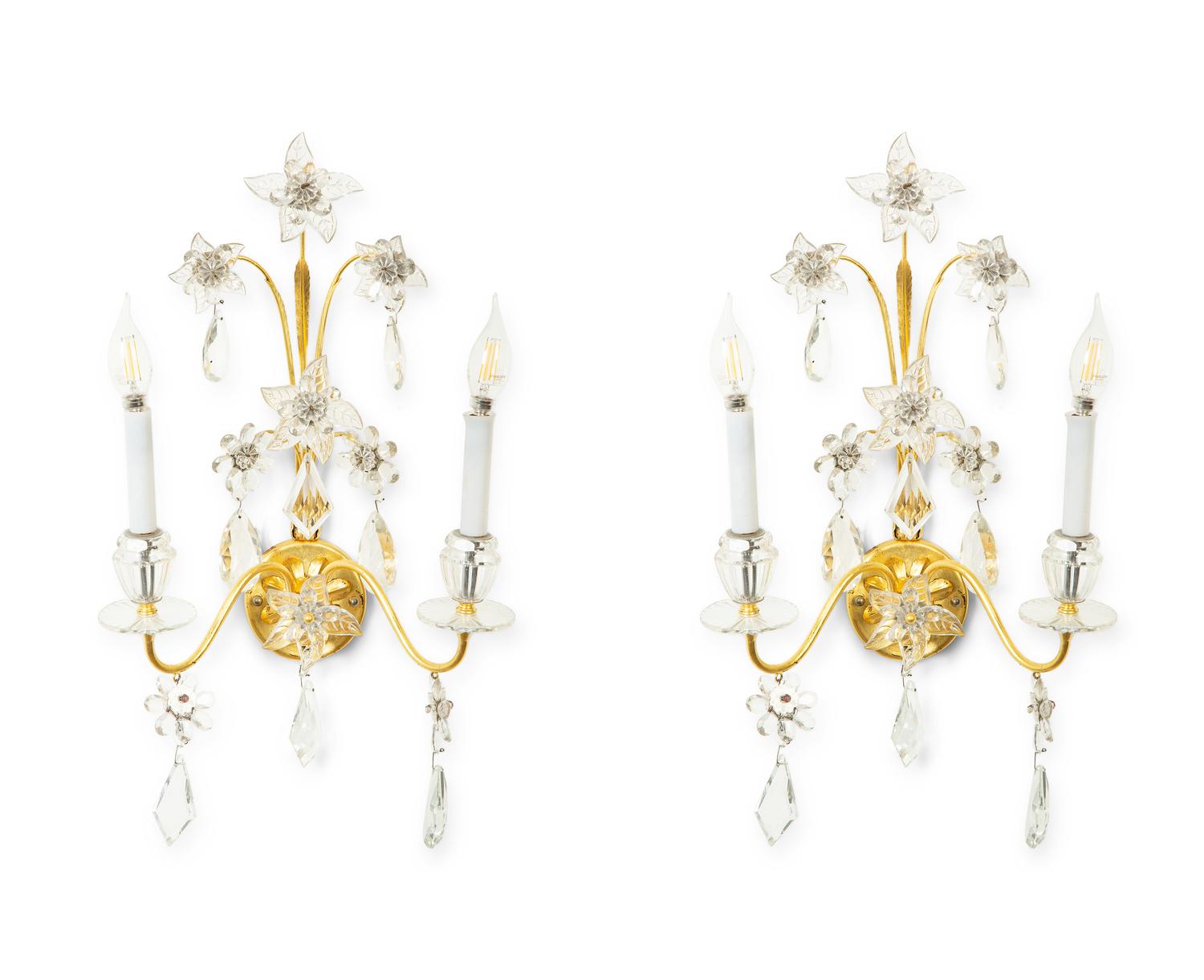 A Pair of French Gilt Metal and Glass Two-Light Wall Sconces
