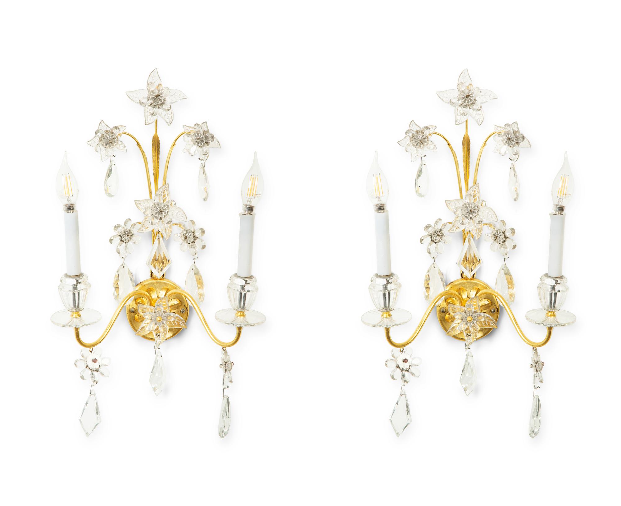 A Pair of French Gilt Metal and Glass Two-Light Wall Sconces