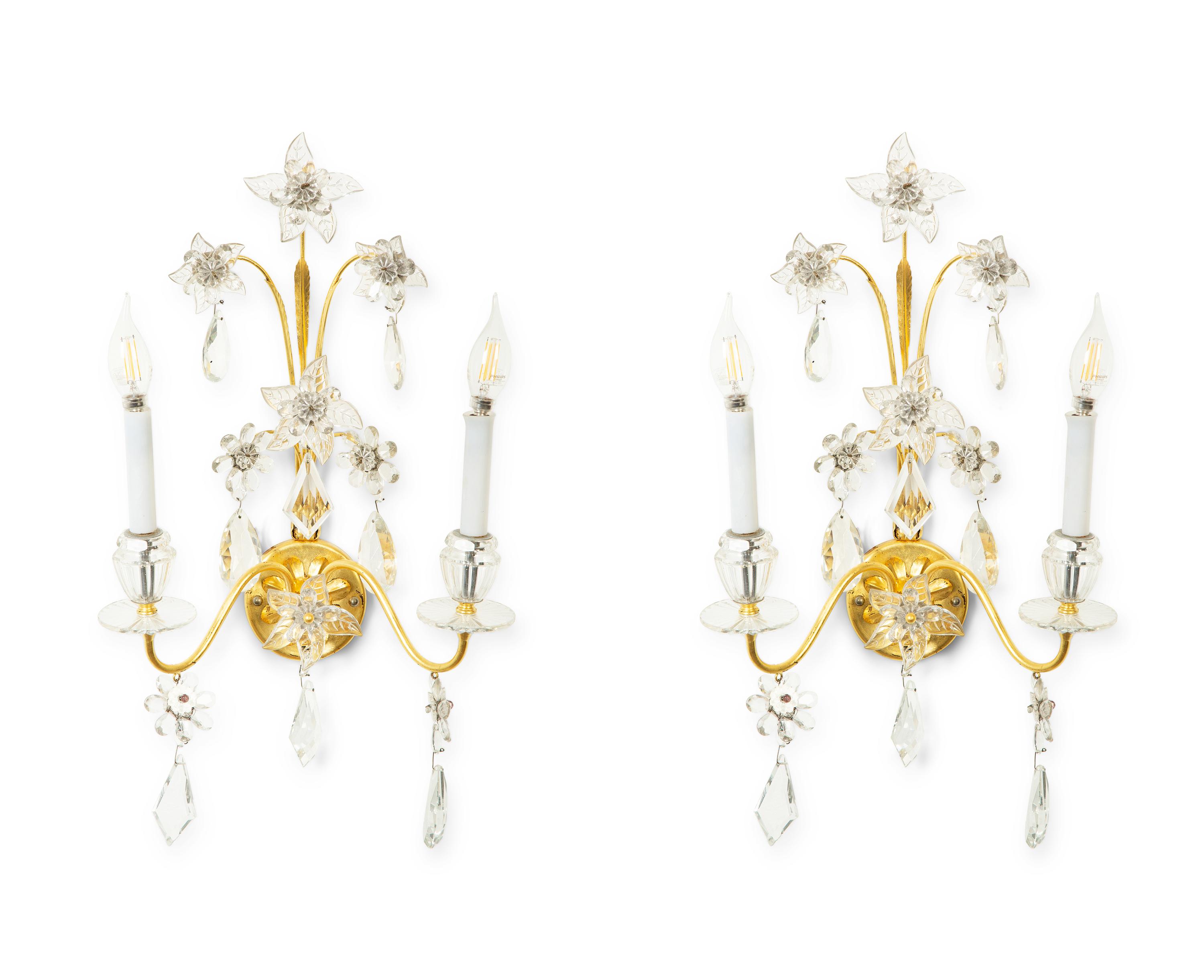 A Pair of French Gilt Metal and Glass Two-Light Wall Sconces