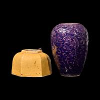 A Small Chinese Aubergine Glazed Porcelain Vase and a Yellow Glazed Water Coupe, Probably Kangxi Period 或爲清康熙 黃釉盤龍六方水呈及茄皮紫釉模印西番蓮紋瓶