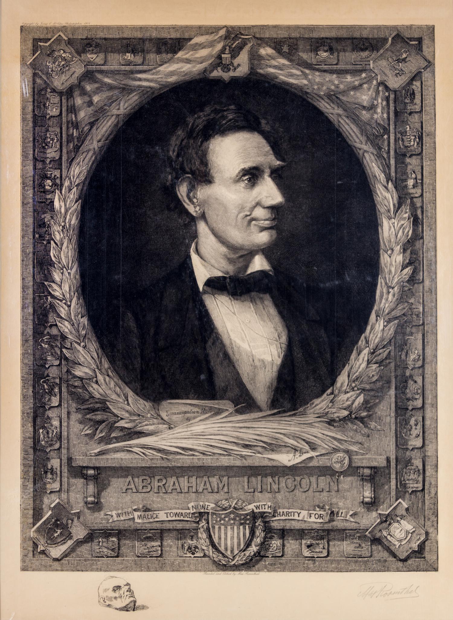 (LINCOLN, ABRAHAM) ROSENTHAL, MAX. Portrait etching of Lincoln. Philadelphia, 1908. Signed by the artist. With 2 others.