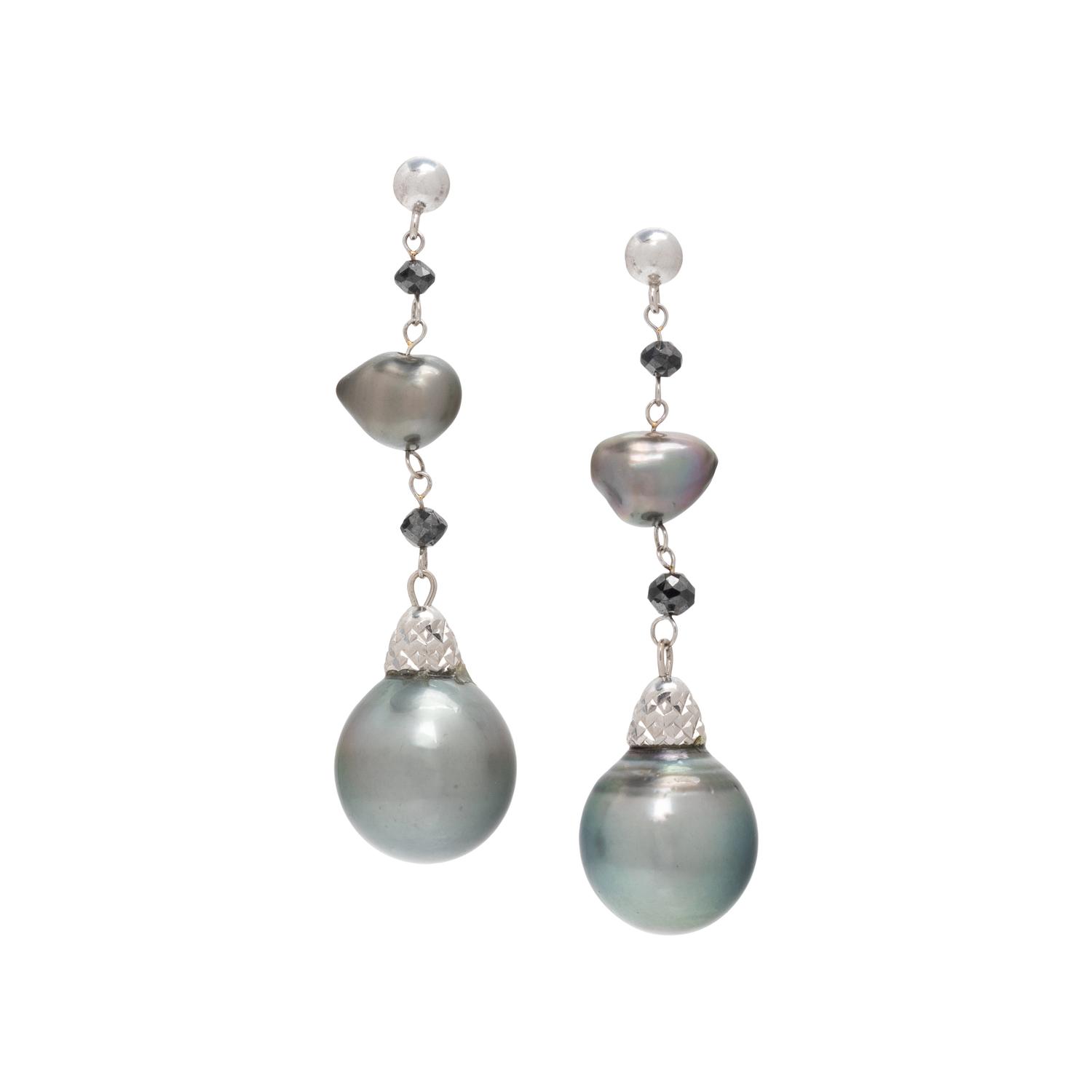 CULTURED TAHITIAN PEARL AND BLACK DIAMOND EARRINGS