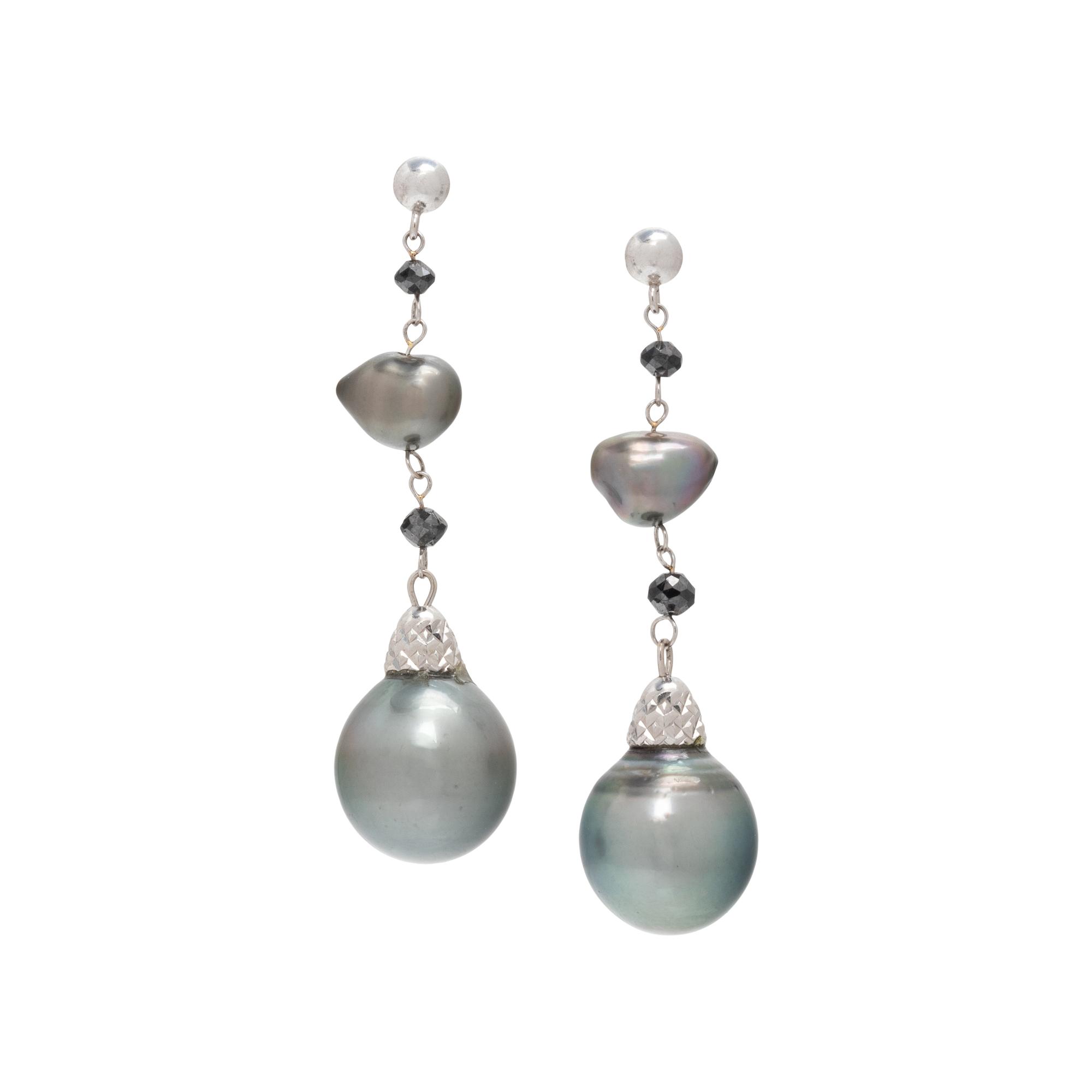 CULTURED TAHITIAN PEARL AND BLACK DIAMOND EARRINGS