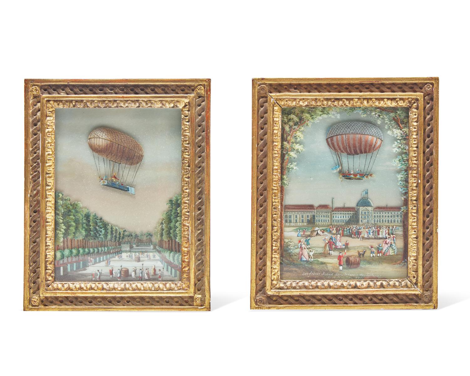 Two rare layered reverse-painted glass panels depicting the first hydrogen balloon flights by the Frères Robert, 19th century