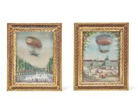 Two rare layered reverse-painted glass panels depicting the first hydrogen balloon flights by the Frères Robert, 19th century