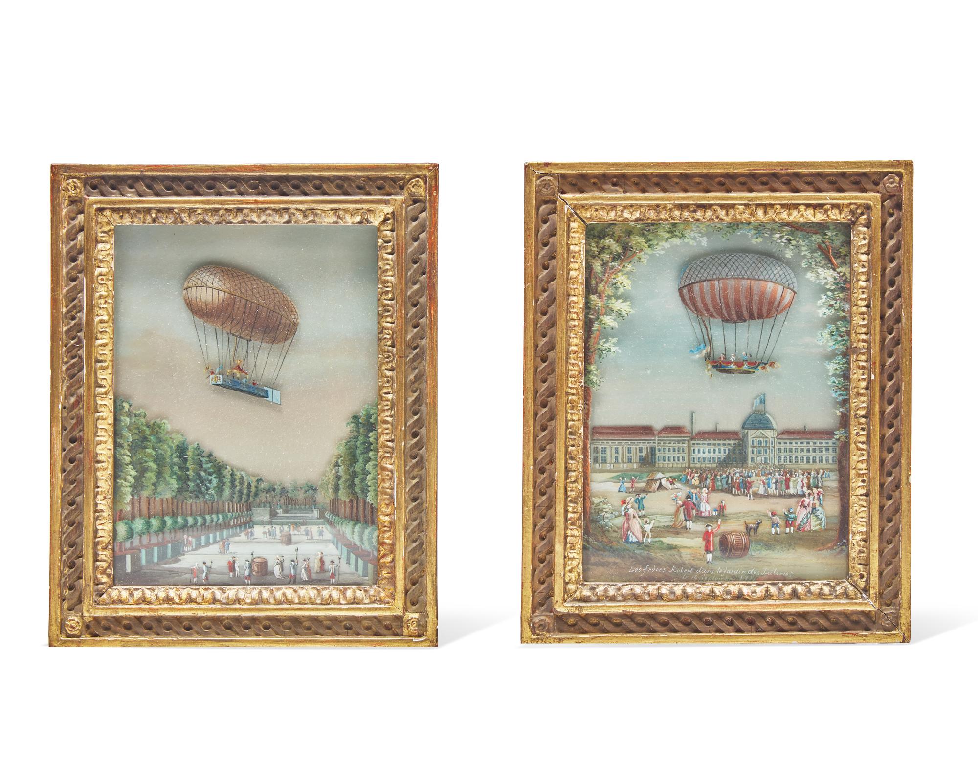 Two rare layered reverse-painted glass panels depicting the first hydrogen balloon flights by the Frères Robert, 19th century