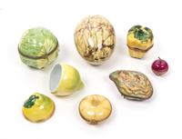 Seven Limoges Hand Painted Porcelain Boxes Length of large egg 4 3/4 inches.