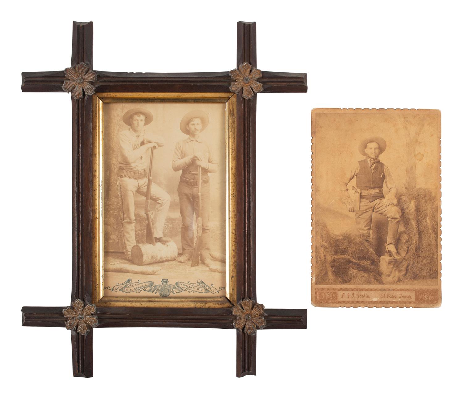 [WESTERN AMERICANA]. A group of 3 photographs of armed cowboys, incl. large format photograph taken by Mrs. ALBRIGHT, Albuquerque, NM. Ca 1880s.