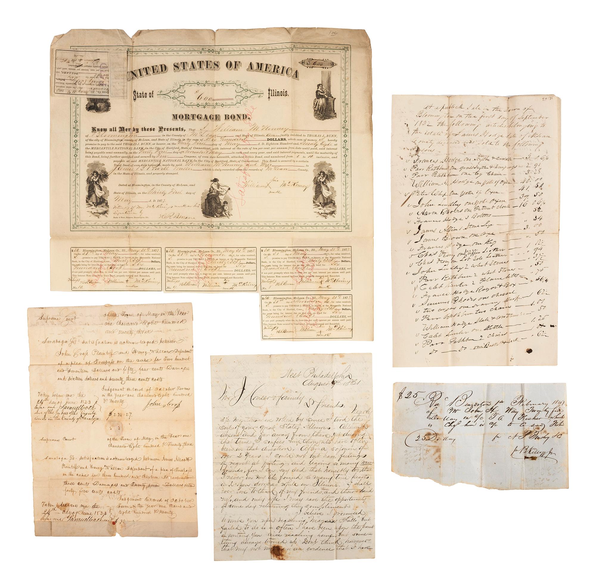 [GENERAL AMERICANA]. A group of 19th century letters and legal documents, highlighted by correspondence with Dr. Dennis Cooley (1789-1860), noted botanist and Postmaster at Washington, Macomb County, Michigan.