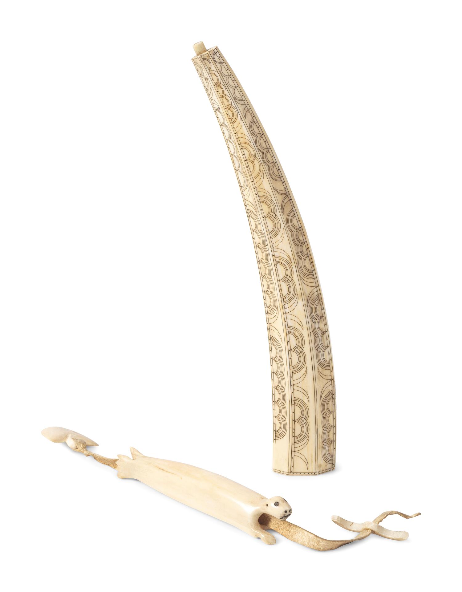 Inupiat Decorated Walrus Ivory Pipe and Sewing Kit