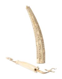 Inupiat Decorated Walrus Ivory Pipe and Sewing Kit