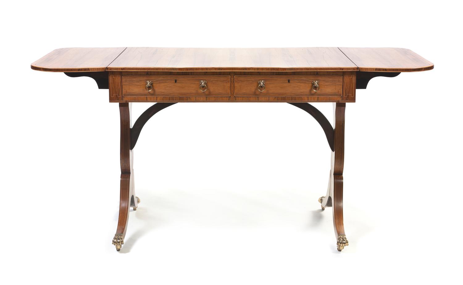 A Regency Rosewood Sofa Table, Height 28 1/4 x width 37 x depth 27 inches.